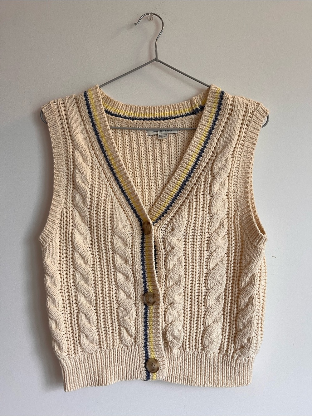 American Eagle 100% Cotton Cable Knit Button Front Varsity Cricket Sweater Vest